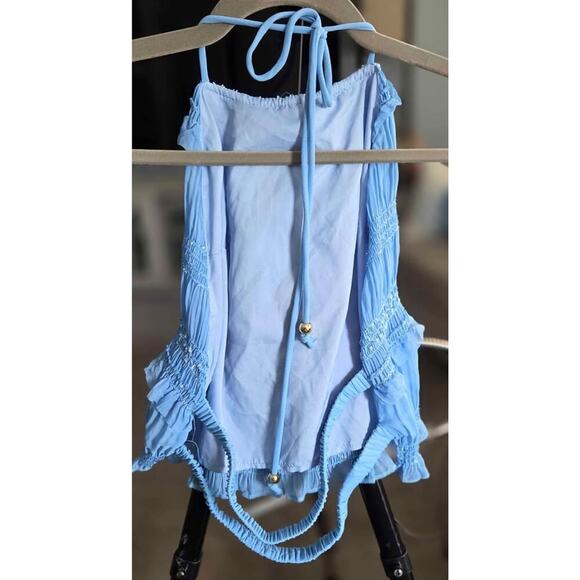 Boho Smocked 2-Piece Set Halter Crop Top & Maxi Skirt Ocean Blue Large NWOT - Picture 6 of 7